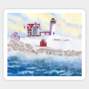 Christmas Card Watercolor Winter at Nubble Lighthouse in Maine Sticker